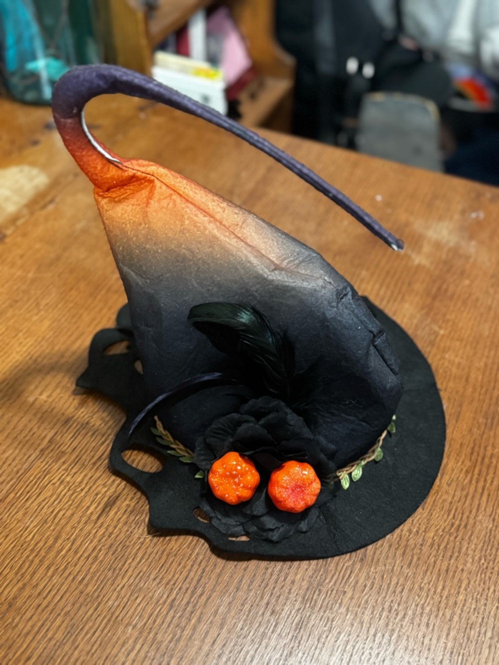 Black Witch Hat with Orange Ombre Tip and Pumpkin Accents
